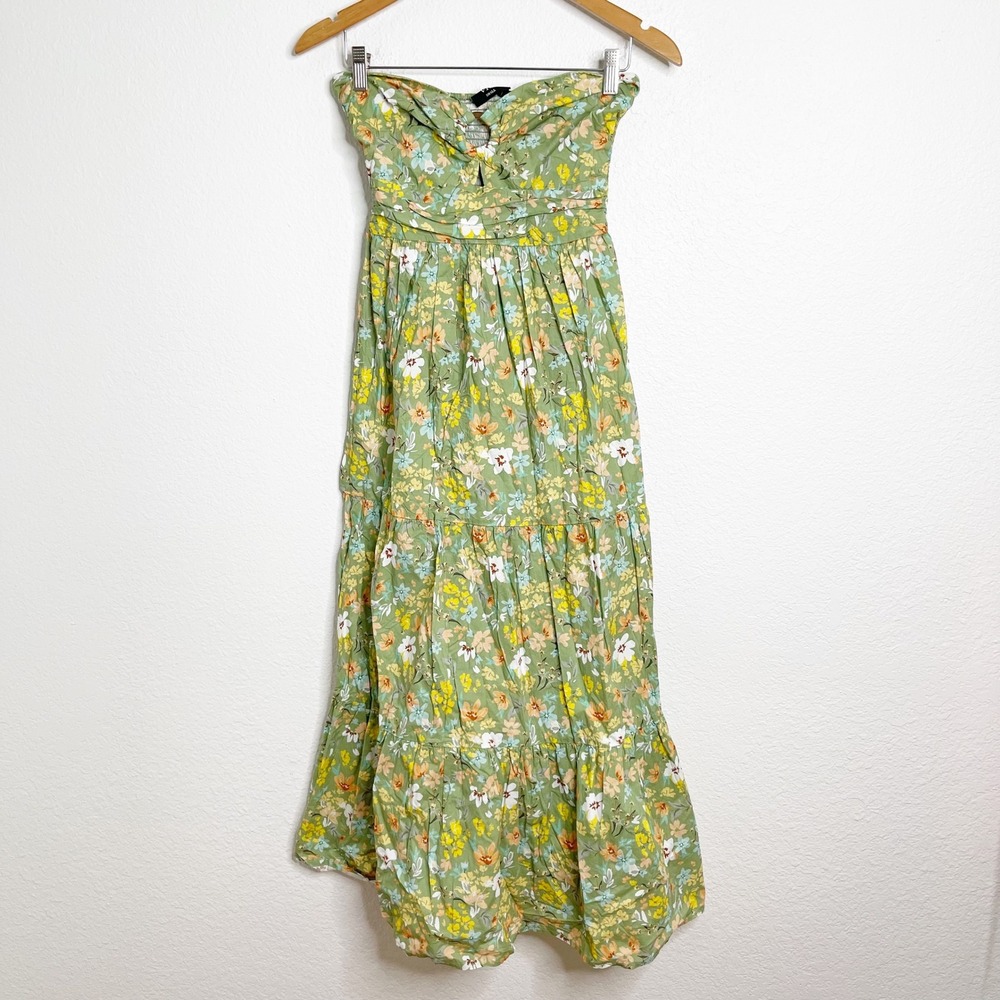 Vici Green Floral Strapless Tiered Maxi Dress Sweetheart Cutout Smocked Small
